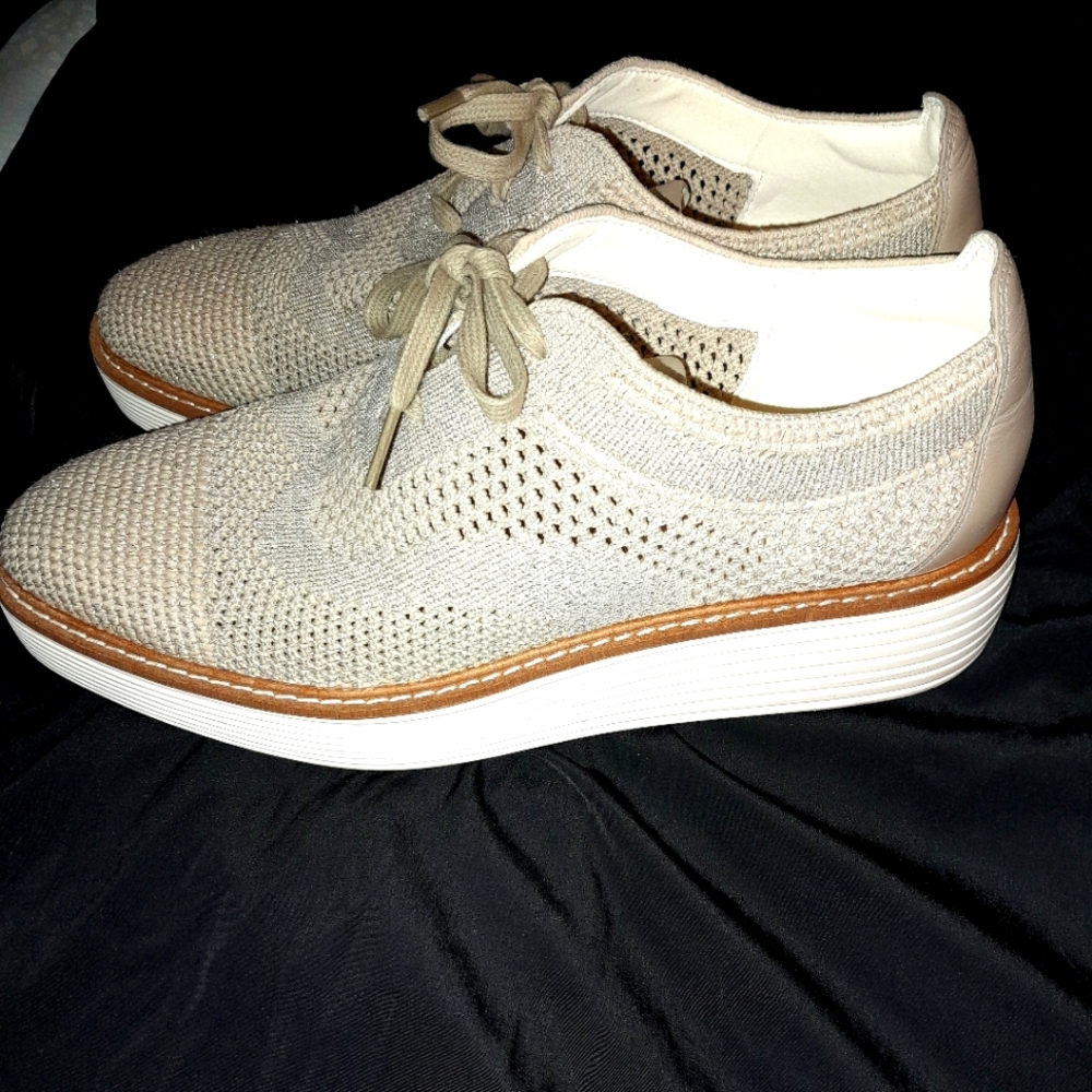 Cole Haan Beige Knit Lace-Up Platform Flats
